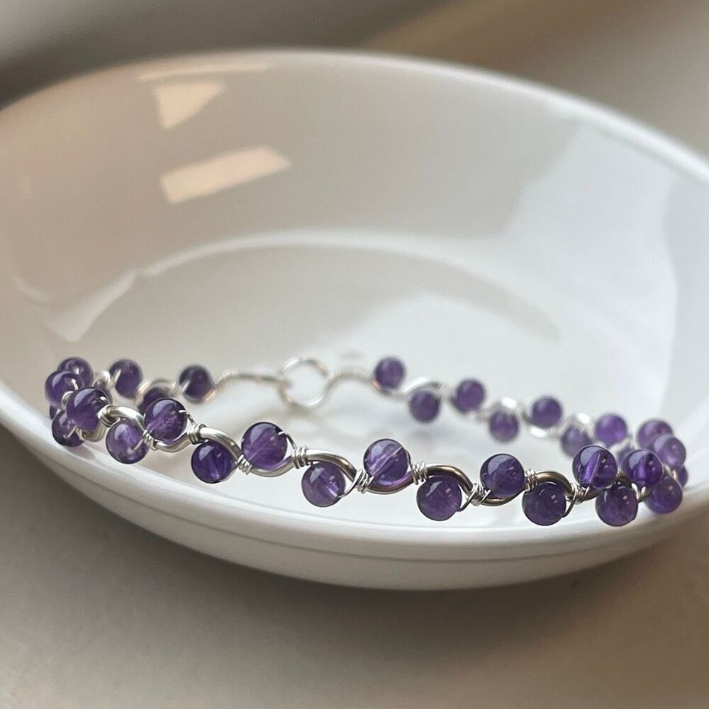 Amethyst purple 7” silver copper wire beaded beads handcrafted handmade dainty F